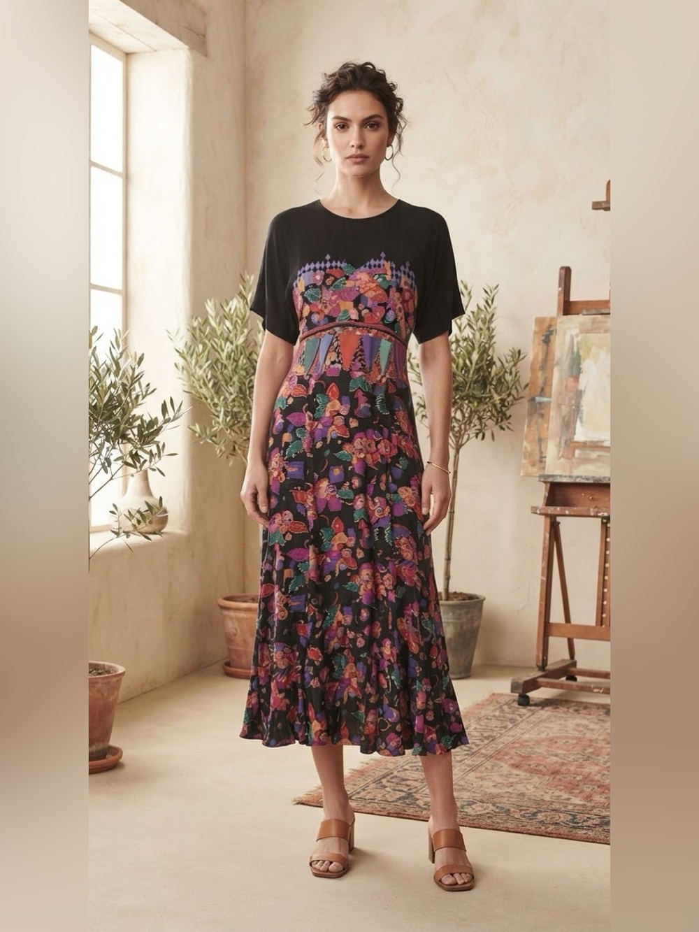 Vintage 80s 90s Mixed Print Floral Geometric Maxi Dress Black Purple Cottagecore